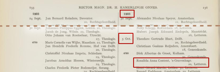 5 oktober 1903: Rosalida Anna Content, 's-Gravenhage, 20 jaar – Studierichting: Letteren.